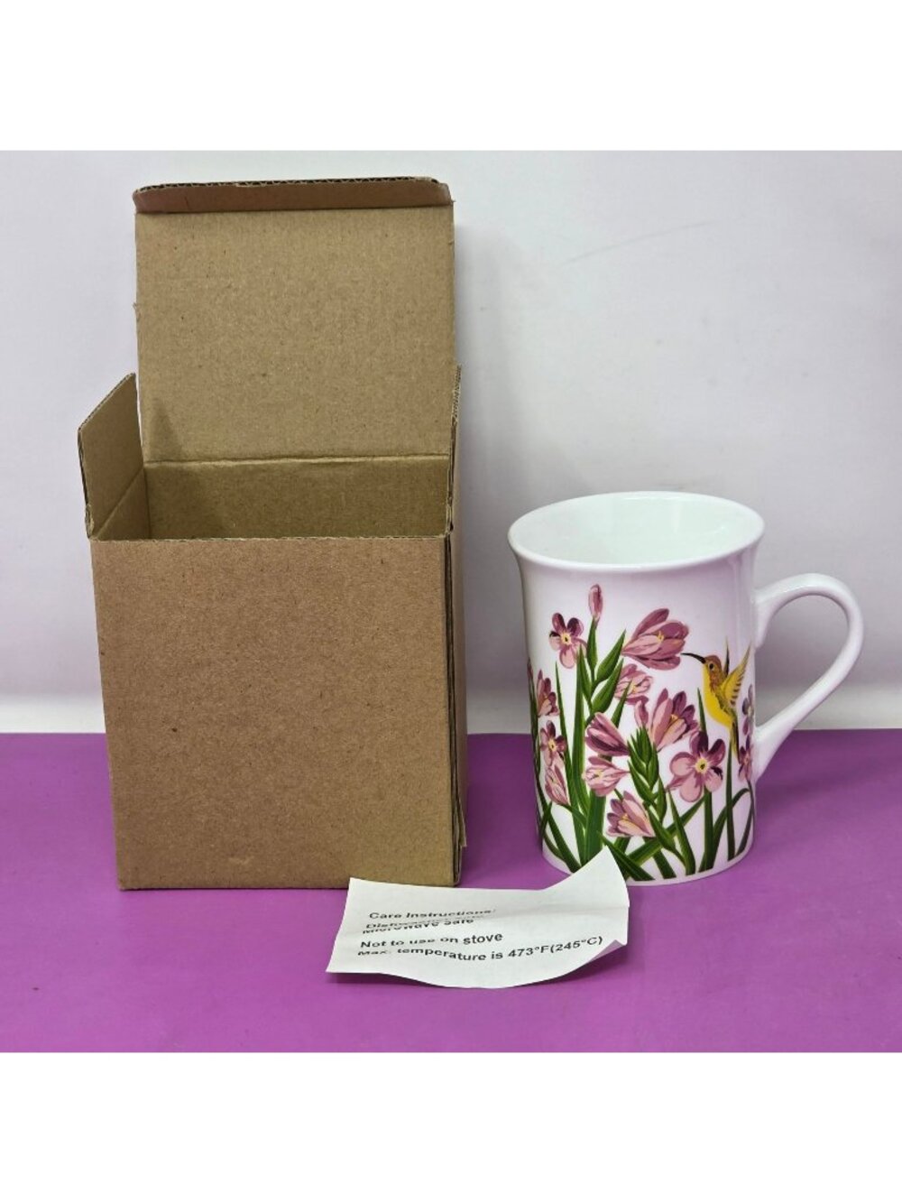 Floral Ceramic Mug Hummingbird Design Dishwasher Safe Includes Original Box